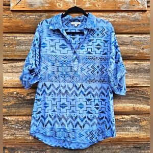 Vintage 80's Serengeti Blue Southwestern Aztec Half Sleeve Top VNeck Oversized